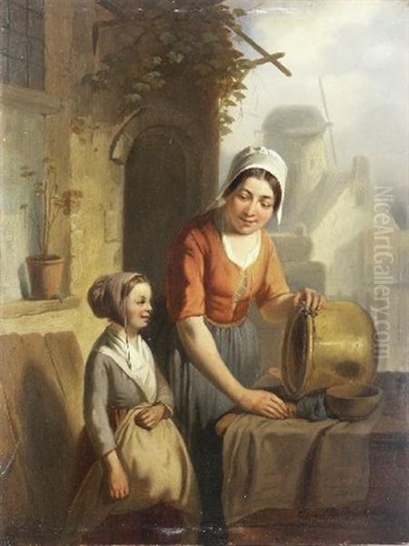 Mutter Und Tochter Beim Putzen Eines Kessels - view 1
