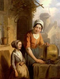 Eine Hausmagd Reinigt Vor Dem Haus Einen Messingkessel by Adrien Ferdinand de Braekeleer