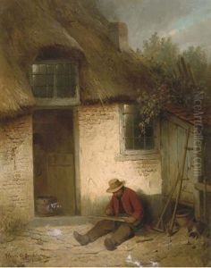 At Work With A Scythe In Front Of A Farmhouse