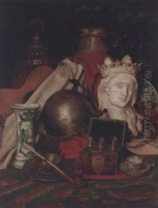 Chez L'antiquaire: A Cellar Rat, A Crowned Virgin, An Iron Helmet And Other Objects On A Turkish Carpet Chez L'antiquaire: A Cellar Rat, A Crowned Virgin, An Iron Helmet And Other Objects On A Turkish Carpet