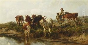 Maid With Young Cattle At The Brook by Anton Braith