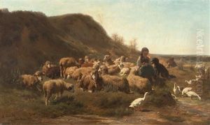 Junge Hirtin Mit Gansen Und Schafen by Anton Braith