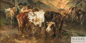 Brennendes Gehoft. Verangstigte Rinder Auf Der Flucht by Anton Braith