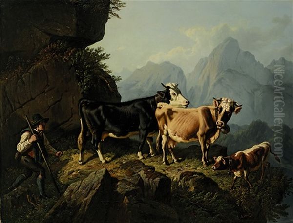 Hirtenbub Mit Kuhen Und Kalb Im Hochgebirge - view 1