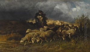 Schafherde Bei Gewitter by Anton Braith