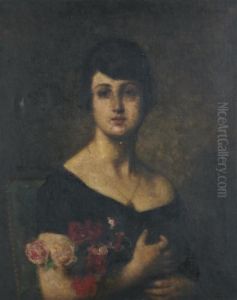 Portrait De Femme Tenant Un Bouquet De Roses Sous Son Bras Droit by Alexei Alexeivich Harlamoff