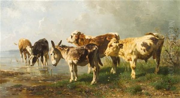 Cows And Donkey Watering In A Landscape - view 1