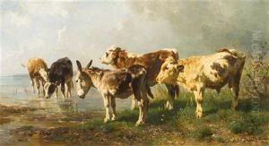 Cows And Donkey Watering In A Landscape by Anton Braith