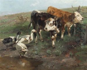 Zwei Jungbullen Und Drei Flugenten An Der Tranke by Anton Braith