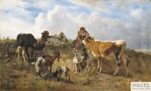 Hirtenidyll Auf Sommerlicher Weide Mit Kuhen Und Ziegen by Anton Braith
