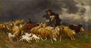Hirte Mit Schafherde Bei Aufziehendem Gewitter by Anton Braith