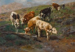 Jungvieh An Der Tranke Auf Der Alm by Anton Braith