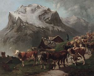 Sommerliche Hochweide. Senner Mit Groser Herde Vor Malerischer, Steingedeckter Kate