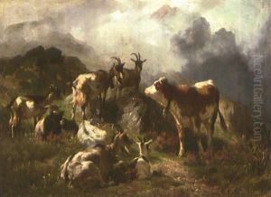 Ziegenherde Und Eine Kuh Auf Der Alm by Anton Braith