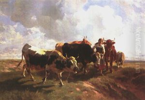 Kuhe Auf Dem Heimweg Mit Hirtin by Anton Braith