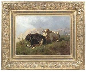 Zwei Lagernde Kuhe Vor Gebirgslandschaft Zwei Lagernde Kuhe Vor Gebirgslandschaft