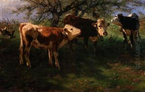 Fruhlingsweide Mit Drei Kalbern, Bluhenden Baumen, Eichhornchen Und Huhnern