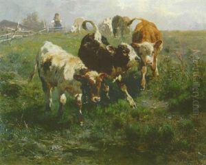 Kalber An Der Tranke Eines Tumpels Vorn by Anton Braith