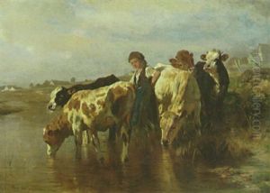 Hirtin Mit Kalbern An Der Tranke by Anton Braith