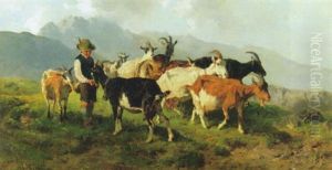 Ziegenherde Mit Huterbub Auf Der Alm by Anton Braith