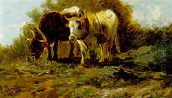 Oxen Plowing A Field by Anton Braith