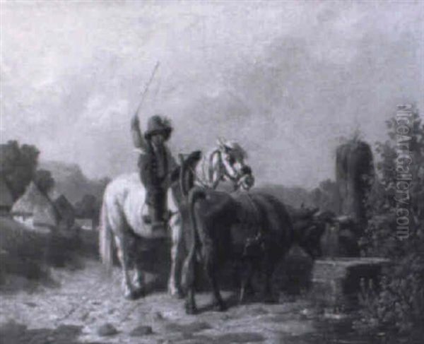 Hutejunge Zu Pferd, Der Seine Kuh Am Brunnen Trankt - view 1