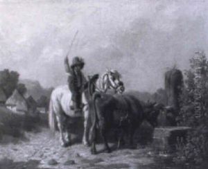 Hutejunge Zu Pferd, Der Seine Kuh Am Brunnen Trankt by Anton Braith