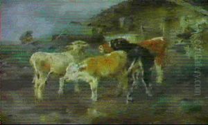Vor Einer Alm Drangen Sich Verangstigt Vier Jungrinder by Anton Braith