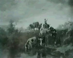 Huterbub Mit Rinderherde An Der Tranke Vorn. by Anton Braith