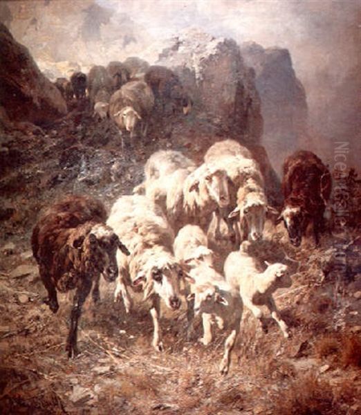 A Flock Of Sheep Along A Mountain Path - view 1