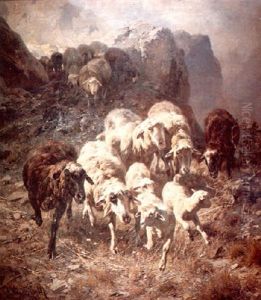 A Flock Of Sheep Along A Mountain Path by Anton Braith
