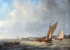 Sailing Vessels On A Dutch River by Simon Van Brakel