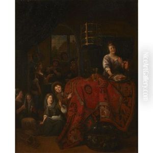 An Interior With Woman Serving Meat And Wine, Children Playing On Floor, And Figures Playing