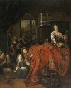 An Interior With A Woman Serving Meat And Wine, Children Playing On The Floor, And Figures Playing Cards In The Adjacent Room