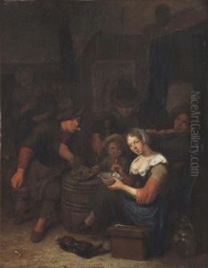 An Interior With A Merry Company And A Woman Feeding Porridge To A Child by Richard Brakenburg
