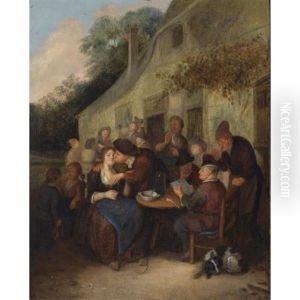 Peasants Gathered Outside A Tavern With A Man Reading A Paper, An Amorous Couple, And A Fiddler In The Background