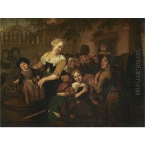 A Village Scene With Children And Villagers Gathered Around A Travelling Entertainer by Richard Brakenburg