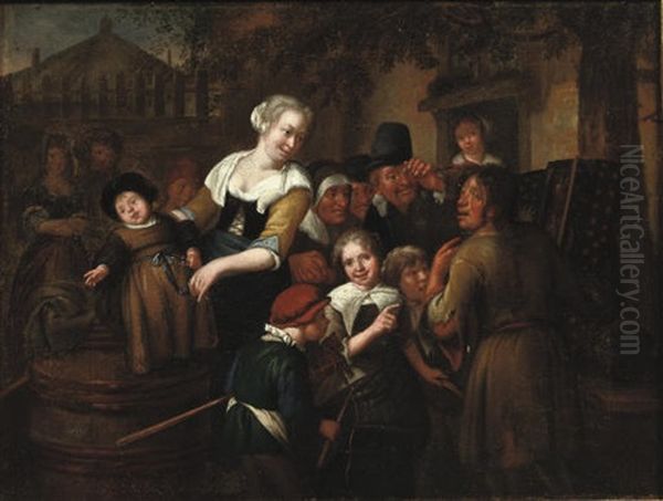 A Street Pedlar Showing His Wares To A Group Of Children - view 1