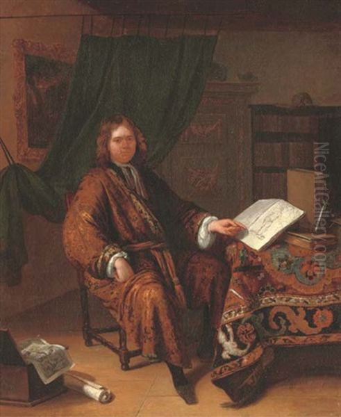 Portrait Of A Connoisseur, Full-length, Seated At A Draped Table With Books, Prints And Writing Implements In A Library Interior - view 1