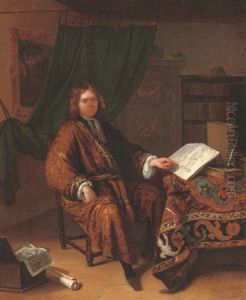 Portrait Of A Connoisseur, Full-length, Seated At A Draped Table With Books, Prints And Writing Implements In A Library Interior