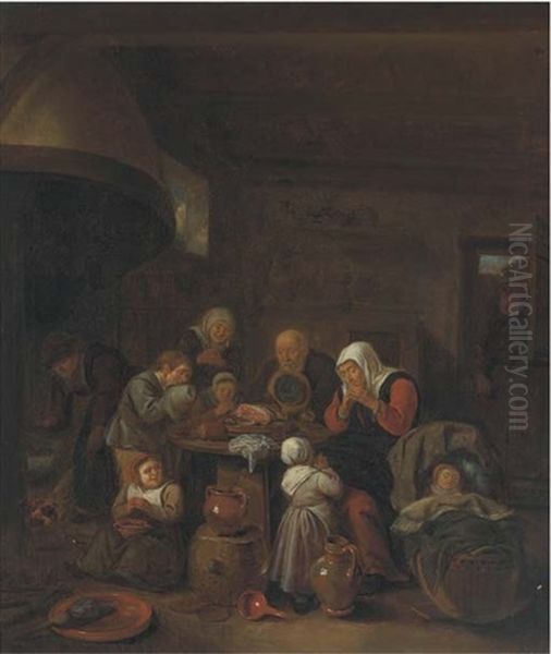 A Kitchen Interior With A Peasant Family Praying Before A Meal - view 1