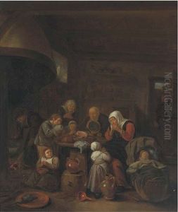 A Kitchen Interior With A Peasant Family Praying Before A Meal