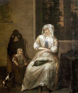 Scene D'interieur: Jeune Femme Endormie Et Enfant