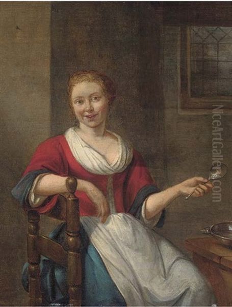 A Peasant Woman Seated In An Interior Holding A Spoon At A Table - view 1