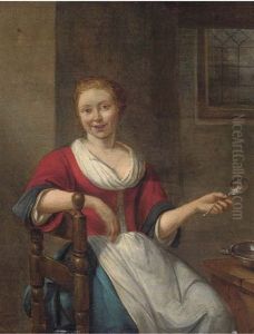 A Peasant Woman Seated In An Interior Holding A Spoon At A Table