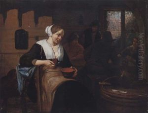 A Tavern Interior With A Lady Eating A Bowl Of Soup, Other Figures By A Window Beyond