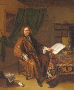 Portrait Of A Connoisseur At A Table With A Book Of Drawings In An Interior