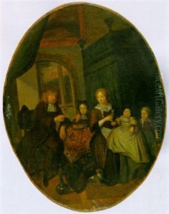A Portrait Of A Family, Seated Aroud A Table In An Interior