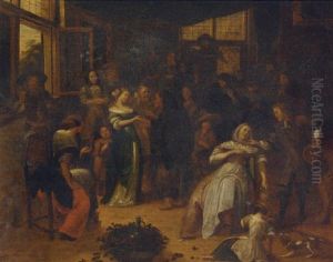Elegant Company In An Interior With A Gypsy Woman Telling The Fortune Of A Lady by Richard Brakenburg