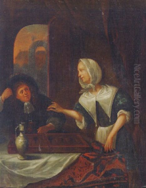 A Couple Playing Backgammon In An Interior, A Garden Seen Through An Open Door Beyond - view 1